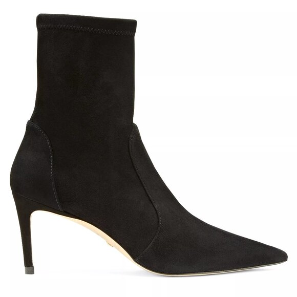 $650 Stuart Weitzman Stretch Suede POINTY TOE HEEL Booties Black Sock 7 (PB21) - Picture 1 of 8